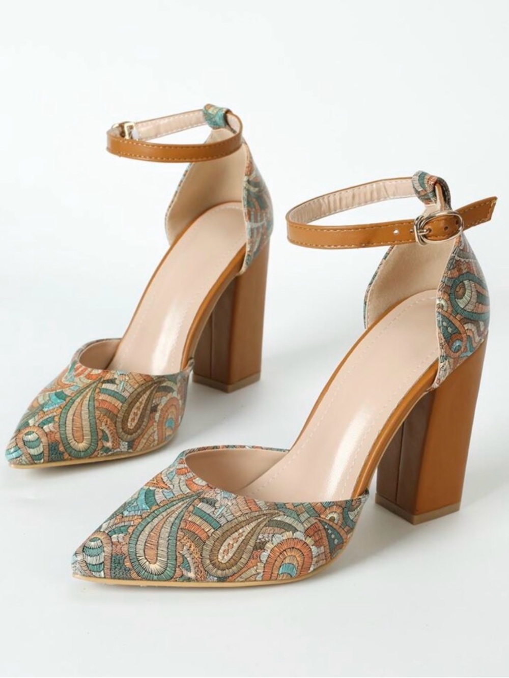 SHEIN Multicolor Paisley Pointed-Toe Ankle-Strap Heels